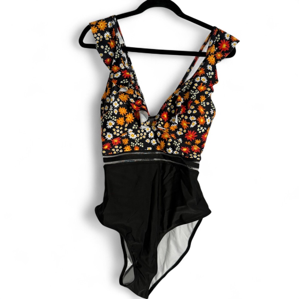 SHEIN Black Floral Ruffle Criss Cross Monokini One-Piece Swim XL